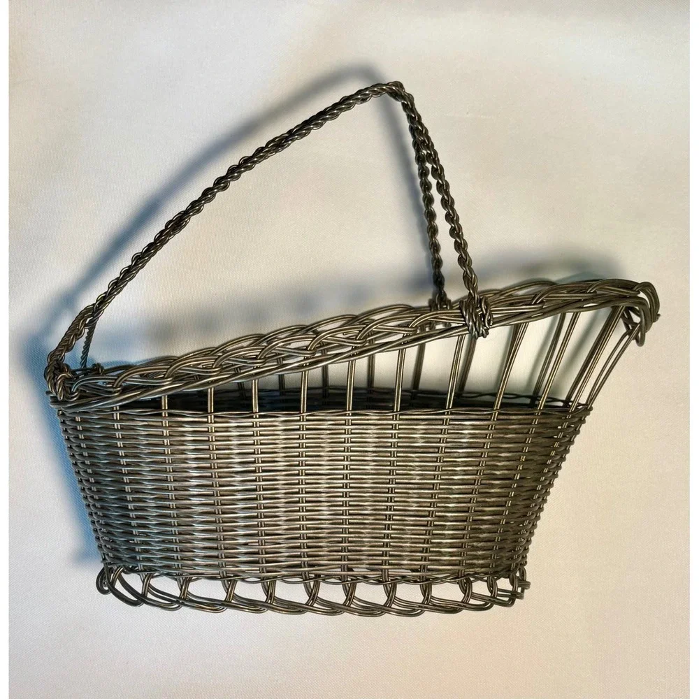 Vintage Silver Woven Wire Wine Bottle Cradle Basket Braided Handle Holder